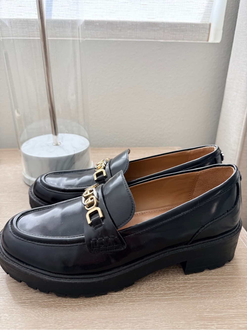 Sam Edelman Black Patent Leather Loafers with Gold Chain Hardware